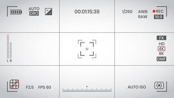 Camera viewfinder video or photo frame recorder flat style design vector illustration. Digital camera viewfinder with exposure settings and focusing grid template.