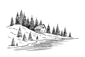 Landscape with pine trees and country house. Hand drawn illustration converted to vector. vector