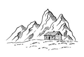 Mountain with pine trees and country house landscape black on white background. Hand drawn rocky peaks in sketch style. Vector illustration.