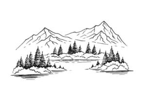 Mountain with pine trees and lake landscape. Hand drawn illustration converted to vector. vector