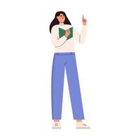 Young woman stands with raised index finger up vector