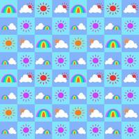 Cute seamless tile pattern, vector design. Blue tone background with sun, cloud and rainbow in boxes.. For use as paper, cloth, textile printing industrial.