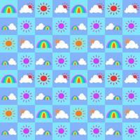 Cute seamless tile pattern, vector design. Blue tone background with sun, cloud and rainbow in boxes.. For use as paper, cloth, textile printing industrial.