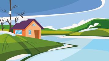 House on the lake in spring season. vector