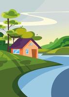 House on the lake in summer season. Nature landscape in portrait format. vector