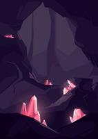 Cave with red crystals. Underground location in portrait format. vector