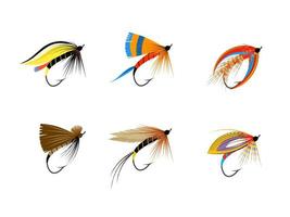 Flying fishing bait collection, isolated on a white background, vector illustration.