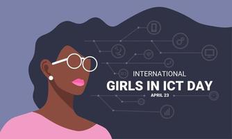 Vector illustration of girl wearing glasses with loose hair, with shadow of digital circuit and information technology icon, as banner or poster, International Girls on ICT Day.