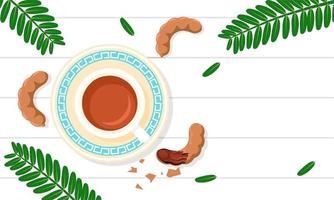 Vector illustration, Tamarind tea or tamarindus indica, served in a cup on a white table, with green leaves, and fresh Tamarind.