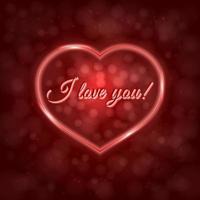 I love you Red Valentine s day greeting card with neon heart on blurred bokeh background. Romantic vector illustration. Easy to edit design template.