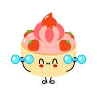 Cute funny cake character with dumbbells. Vector hand drawn cartoon kawaii character illustration icon. Isolated on white background. Cupcake character gym concept