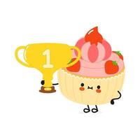 Cute funny cake hold gold trophy cup. Vector hand drawn cartoon kawaii character illustration icon. Isolated on white background. Cake with winner trophy cup