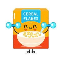 lindo personaje divertido de copos de cereal con pesas. icono de ilustración de personaje kawaii de dibujos animados dibujados a mano vectorial. aislado sobre fondo blanco. concepto de gimnasio de carácter de copos de cereal vector