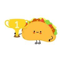 Cute funny taco hold gold trophy cup. Vector hand drawn cartoon kawaii character illustration icon. Isolated on white background. Taco with winner trophy cup
