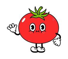 lindo y divertido tomate que agita el personaje de la mano. vector dibujado a mano dibujos animados tradicionales vintage, retro, icono de ilustración de carácter kawaii. aislado sobre fondo blanco. concepto de personaje de tomate