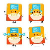 Funny cute happy cereal flakes characters bundle set. Vector hand drawn doodle style cartoon character illustration icon design. Cute cereal flakes mascot character collection