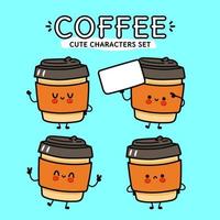 Funny cute happy coffee paper cup characters bundle set. Vector kawaii line cartoon style illustration. Cute coffee paper cup mascot character collection