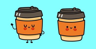 conjunto de personajes de taza de papel de café feliz lindo divertido. icono de ilustración de personaje kawaii de dibujos animados dibujados a mano vectorial. aislado sobre fondo blanco. linda colección de personajes de la mascota de la taza de papel de café vector