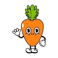 Cute funny carrot waving hand character. Vector hand drawn traditional cartoon vintage, retro, kawaii character illustration icon. Isolated on white background. Carrot character concept