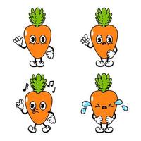 Funny cute carrot characters bundle set. Vector hand drawn doodle style traditional cartoon vintage, retro character illustration icon design. Isolated white background. Happy carrot mascot character