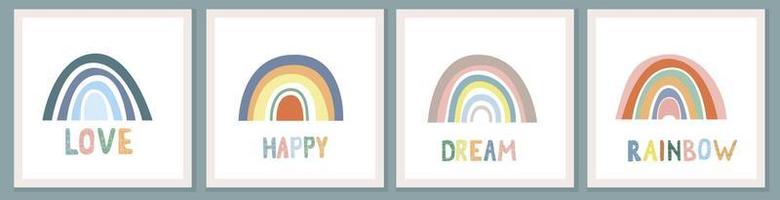 Set of cards with Rainbow and sun in boho style. Hand drawn lettering. Minimalist abstract Scandinavian design vector