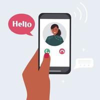 A hand holds a smartphone with an incoming call. Portrait of a person from contacts on the phone screen. Mobile applications and Internet technology vector