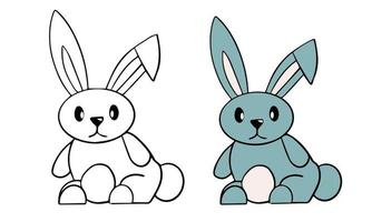 Vector coloring page cartoon character for children. Cute bunny. Line art and beast in color for example. Learning to drawing