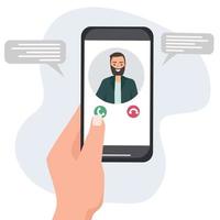 A hand holds a smartphone with an incoming call. Portrait of a person from contacts on the phone screen. Mobile applications and Internet technology. vector