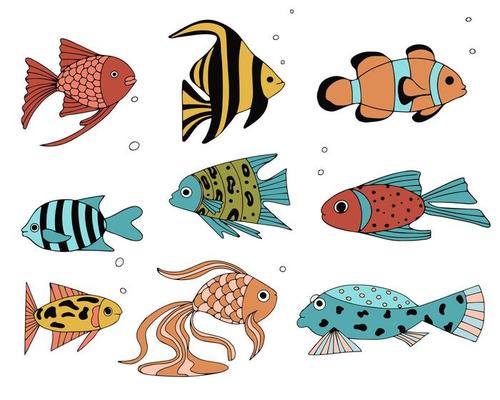 Set of exotic coral reef fish. Underwater swimming animals. Tropical fish for the aquarium. Vector elements for design