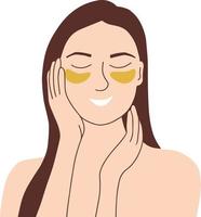 A woman makes a cosmetic treatment at home. Moisturizing patches under the eyes. Skin care concept, SPA facials. Morning routine vector