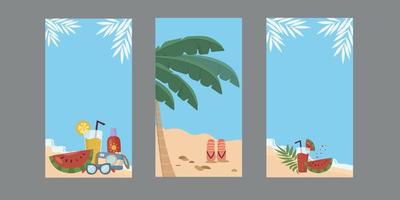 Social media stories. Background with beach and sea. Framing of tropical leaves and summer things, flip-flops in the sand, fruit cocktail and watermelon.