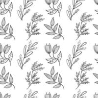 Seamless pattern of spring, summer flowers and herbs. Hand-painted wildflowers and plants. Line art.