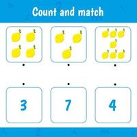 Count and match. Math activity game for kids. Lemons vector