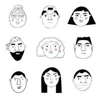 Vector set of portraits of people. Cartoon funny minimalistic female and male characters. Drawings of people's faces with different emotions and moods. Avatar for social networks