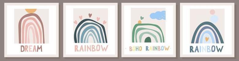 Set of cards with Rainbow and sun in boho style. Hand drawn lettering. Minimalist abstract Scandinavian design vector