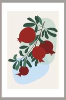 Pomegranate on a branch with leaves. Template with abstract composition of simple shapes and fruits. Minimalism vector