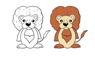 Vector coloring page cartoon character for children. Cute lion. Line art and beast in color for example. Drawing Learning