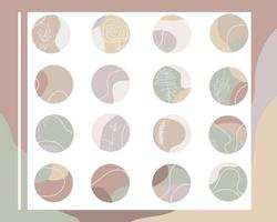 conjunto de portadas vectoriales de temas con fondos abstractos. diferentes formas, líneas y garabatos. diseña íconos redondos para historias de redes sociales. perfecto para blogueros. colores de tendencia natural pastel vector