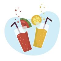 Two summer refreshing fruit cocktails. Non-alcoholic drinks in a simple glass glass and straw. Smoothie design and fresh fruit slices watermelon and orange. Healthy vegan food. vector