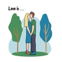 Romantic couple on the street in the park. Cute vector characters. Guy and girl in love, holding hands and hugging. A scene of tenderness and display of feelings.