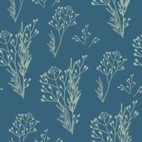 Seamless pattern of different types of field grasses and branches. Plant ornament from elements line art. vector