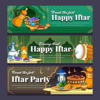 banner de saludo iftar feliz con linterna y comida en ayunas vector