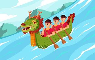 Three Men Row in Dragon Boat Race vector