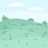 ilustración vectorial del hermoso paisaje de campos de verano. lindas colinas verdes, cielo azul de color brillante, nubes. fondo de naturaleza en estilo de dibujos animados planos. vector