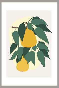 Pears on a branch with leaves. Template with abstract composition of simple shapes and fruits vector