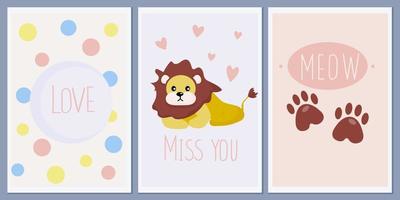 A set of templates for greeting cards and baby shower invitations with animals. Cute lion. Paw prints. vector