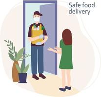 The concept of safe home delivery. Courier holds a bag of food, hands the customer fast food. Man in a mask and glove, protection from viruses. Online grocery store vector