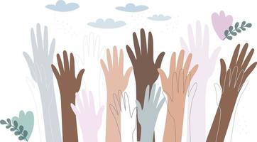 the hands of people of different nationalities. A united community of people of skin color. Cultural and ethnic diversity. the concept of friendship and peace between peoples. vector