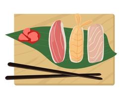 Set of traditional Japanese dishes of rolls and sushi with seafood. On a wooden tray. vector