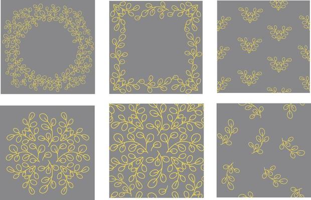 Summer Set. Botanical circular design pattern. Tree branches with leaves in green. Frames of plant elements, seamless patterns.